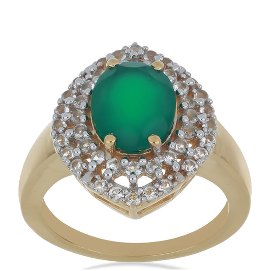 Goldplattierter Silberring mit grünem Achat und weißem Topas