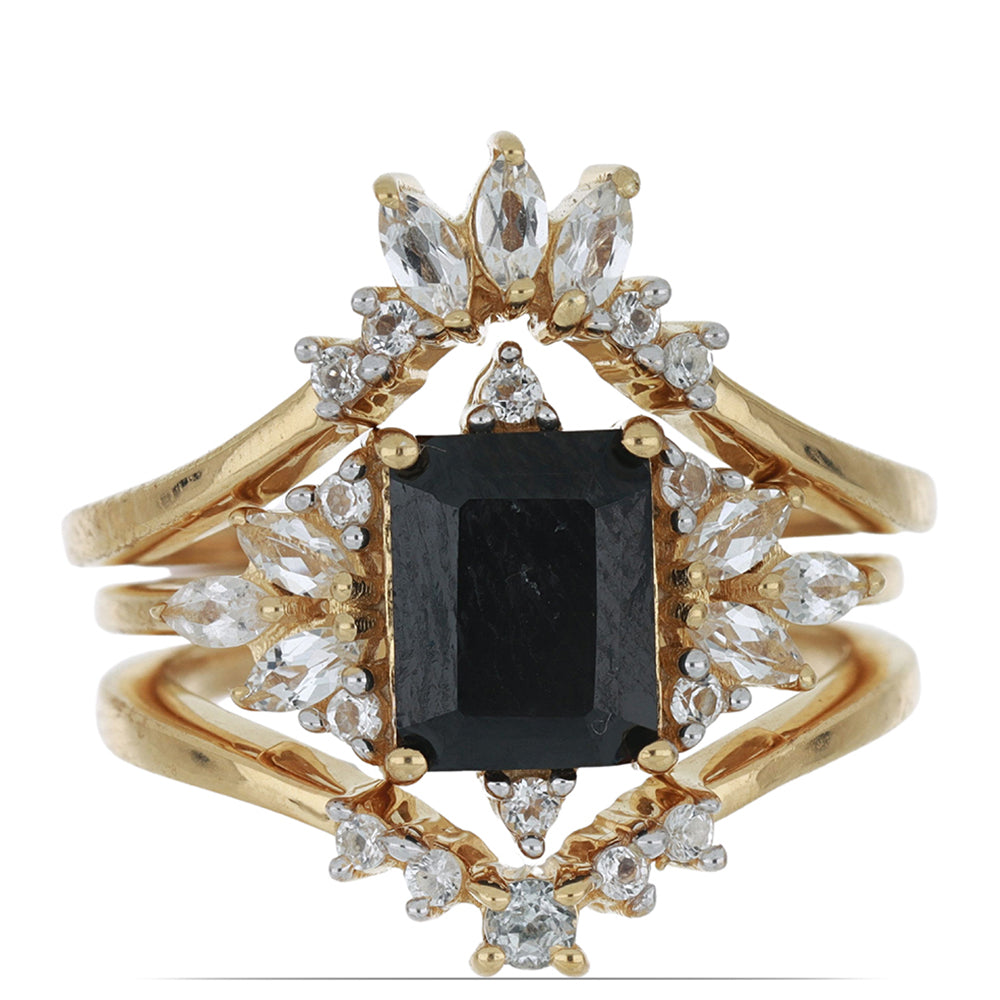 Goldplattierter Silberring mit schwarzem Spinell aus Gorno Badakhshan und weißem Topas