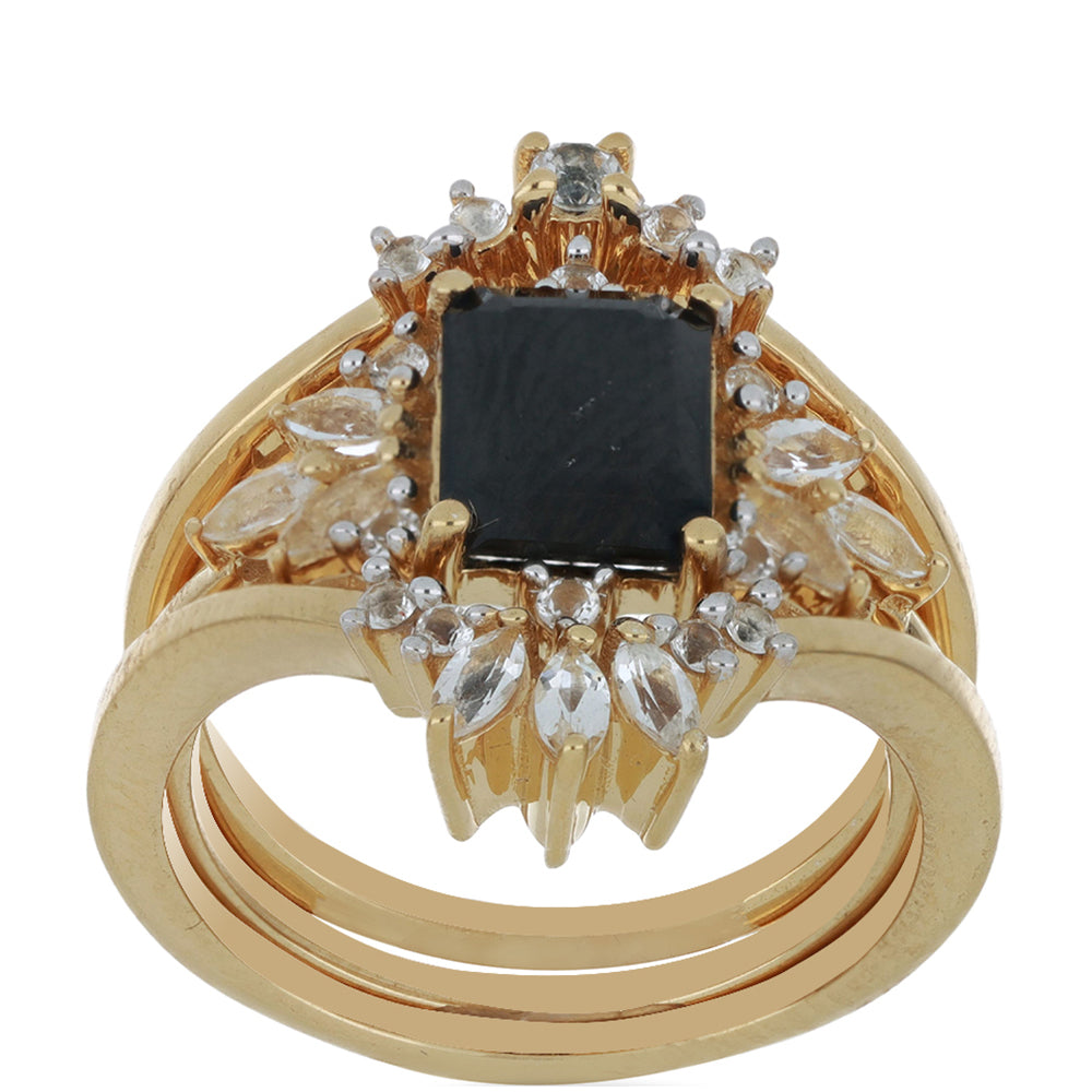 Goldplattierter Silberring mit schwarzem Spinell aus Gorno Badakhshan und weißem Topas 2 