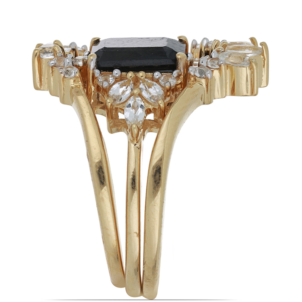 Goldplattierter Silberring mit schwarzem Spinell aus Gorno Badakhshan und weißem Topas