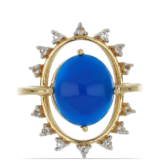 Goldplattierter Silberring mit blauem äthiopischem Opal aus Lega Dembi und weißem Topas