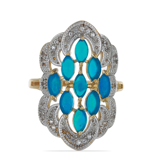 Goldplattierter Silberring mit blauem äthiopischem Opal aus Lega Dembi und weißem Topas