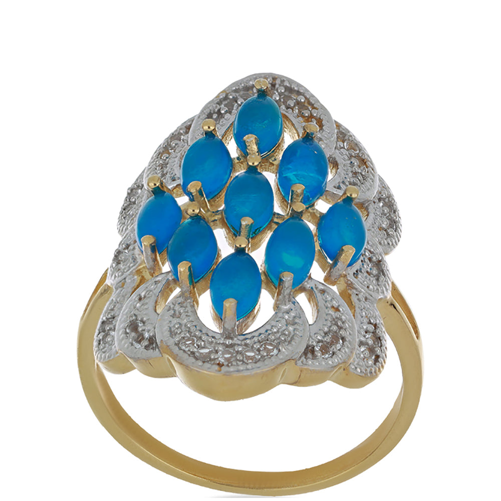 Goldplattierter Silberring mit blauem äthiopischem Opal aus Lega Dembi und weißem Topas 2 