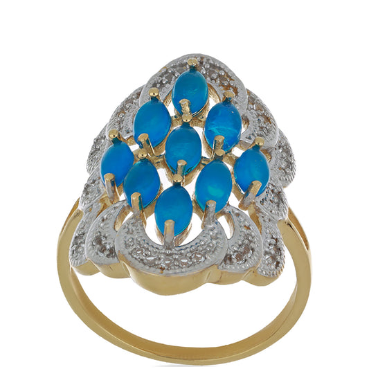 Goldplattierter Silberring mit blauem äthiopischem Opal aus Lega Dembi und weißem Topas