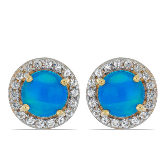 Goldplattierte Silberohrringe mit blauem äthiopischem Opal aus Lega Dembi und weißem Topas
