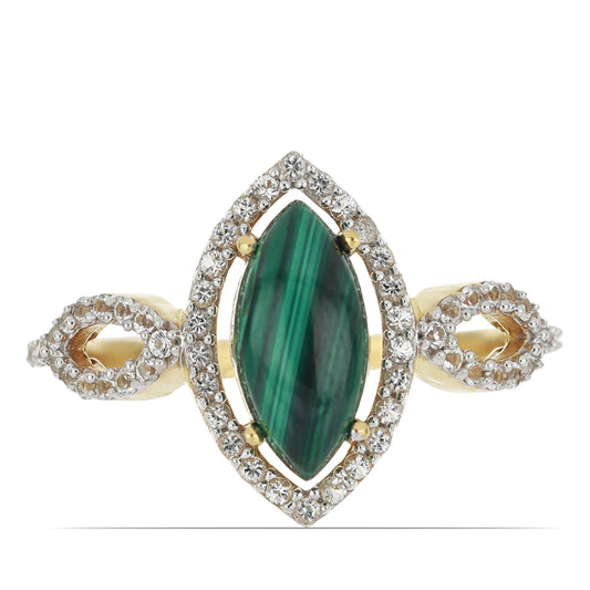 Goldplattierter Silberring mit Wales Malachit und weißem Topas