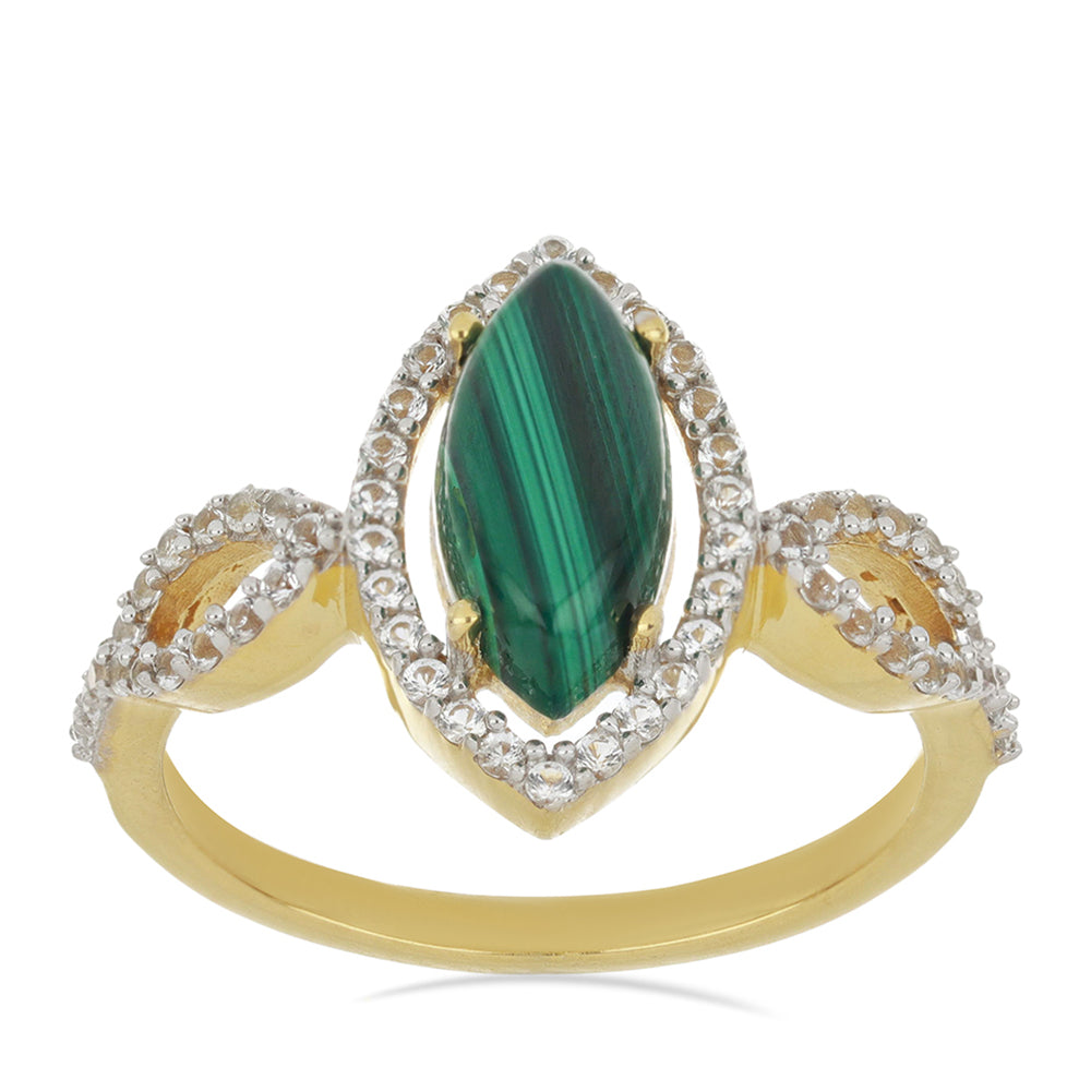 Goldplattierter Silberring mit Wales Malachit und weißem Topas