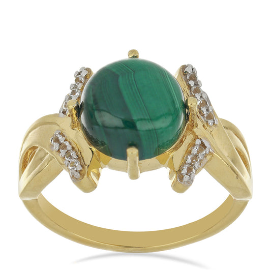 Goldplattierter Silberring mit Wales Malachit und weißem Topas