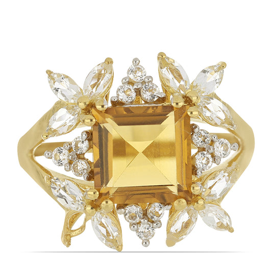 Goldplattierter Silberring mit Cognac-Quarz und weißem Topas