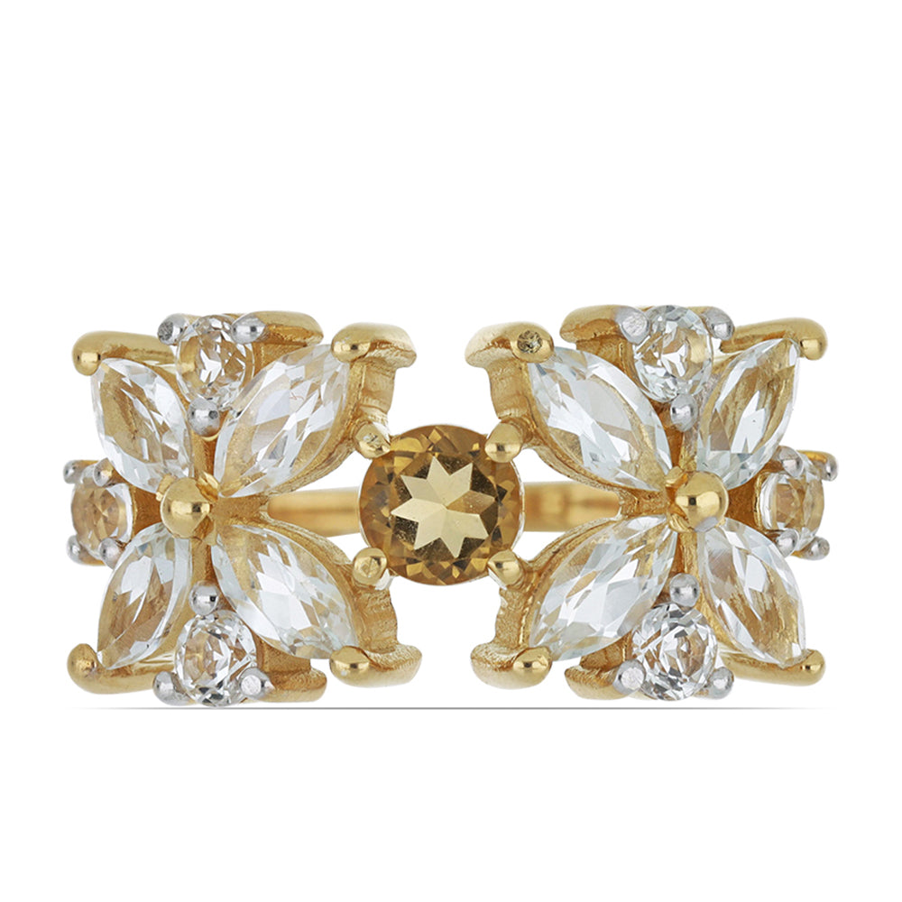 Goldplattierter Silberring mit Cognac-Quarz und weißem Topas