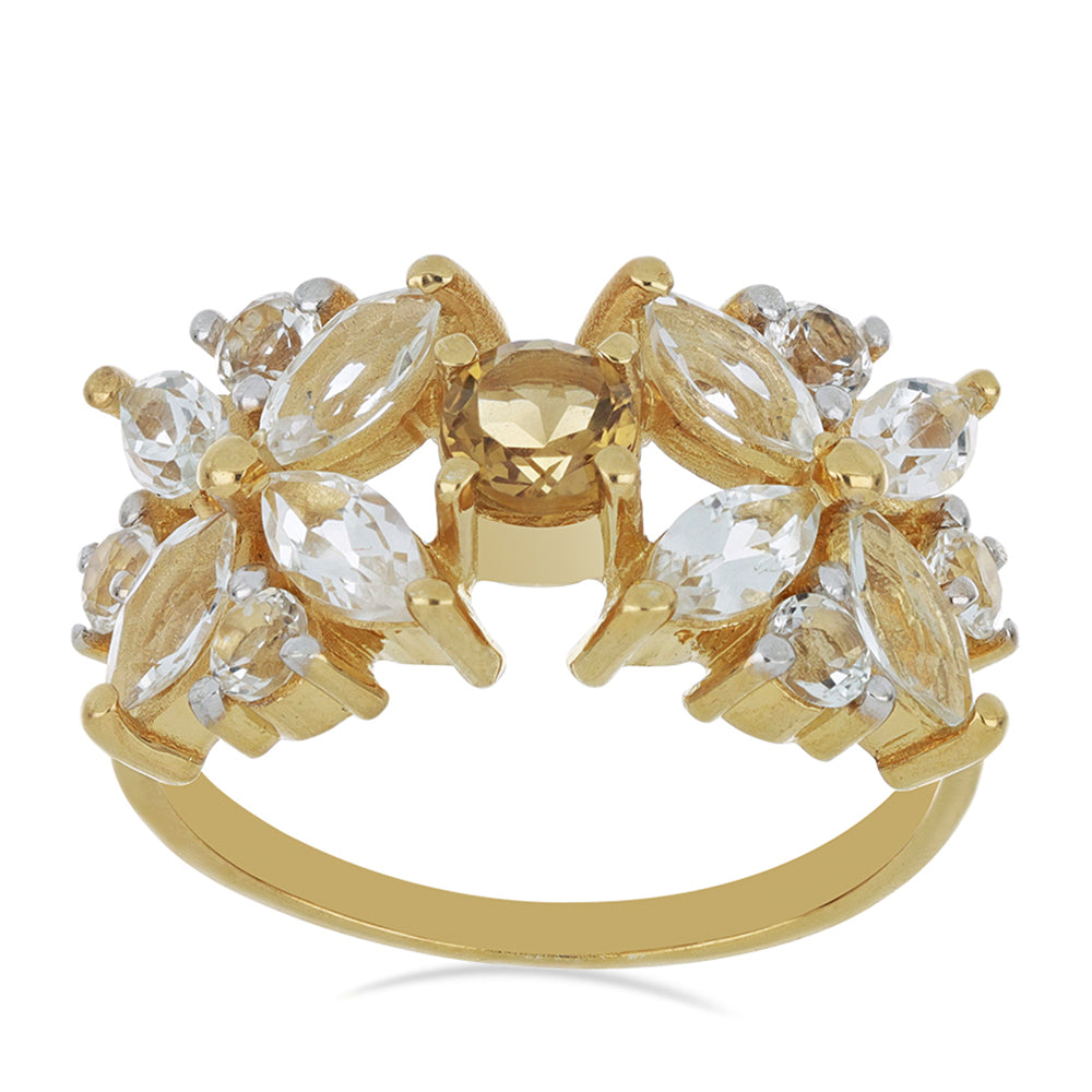 Goldplattierter Silberring mit Cognac-Quarz und weißem Topas 2 