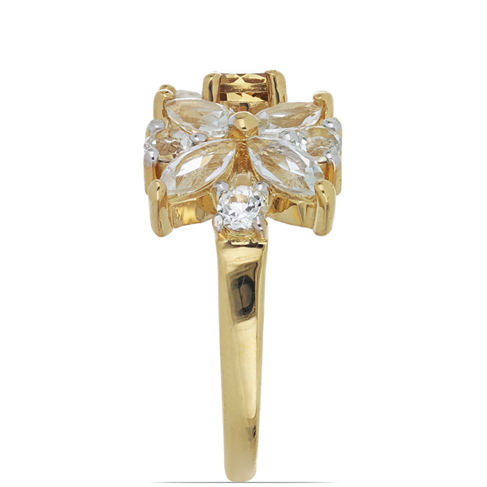 Goldplattierter Silberring mit Cognac-Quarz und weißem Topas