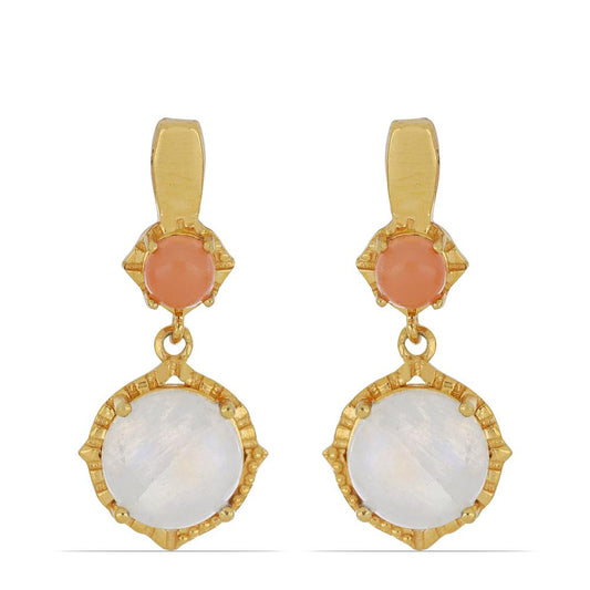 Goldplattierte Silberohrringe mit Regenbogenmondstein aus Grant County und pfirsichfarbenem Mondstein