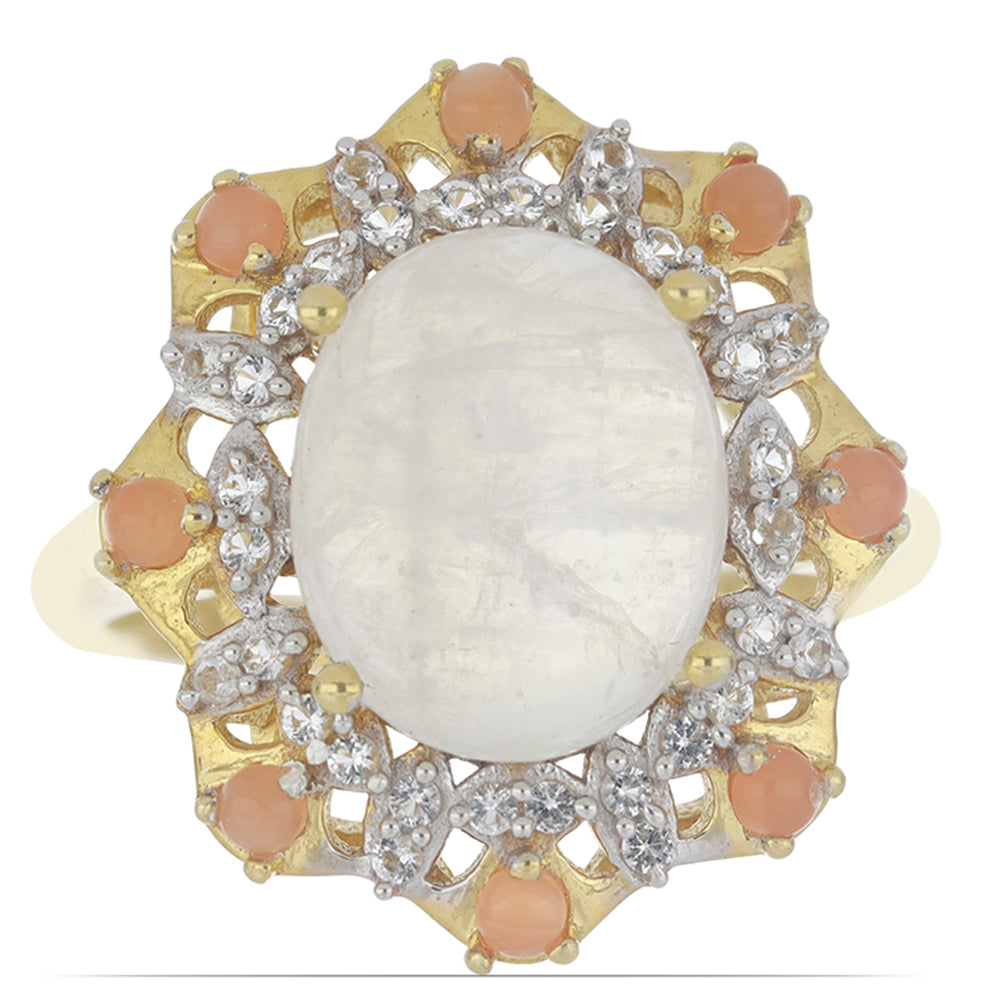 Goldplattierter Silberring mit Regenbogenmondstein aus Grant County und pfirsichfarbenem Mondstein 1 