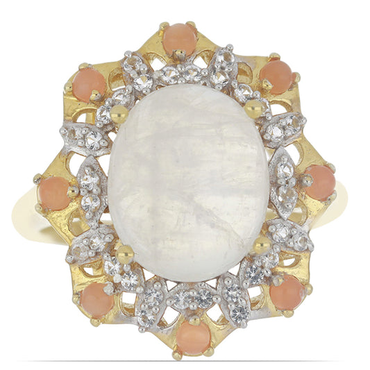 Goldplattierter Silberring mit Regenbogenmondstein aus Grant County und pfirsichfarbenem Mondstein