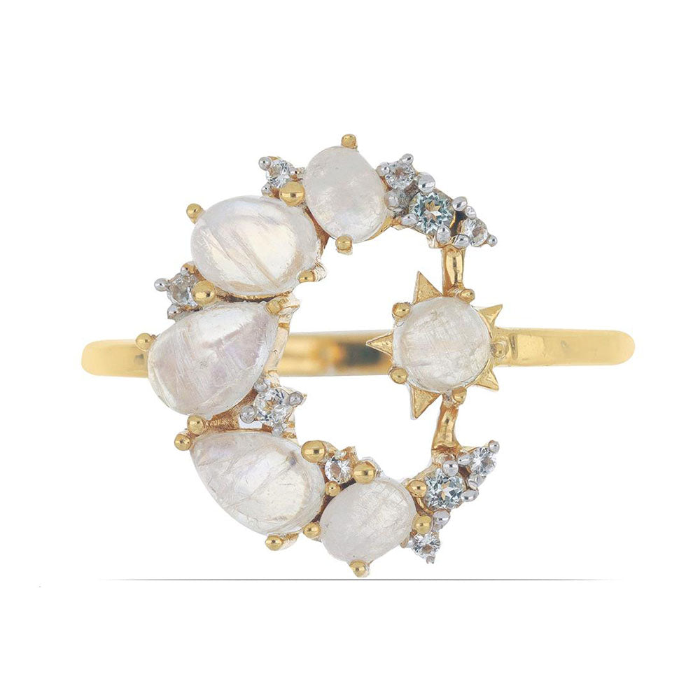 Goldplattierter Silberring mit Regenbogenmondstein aus Grant County und himmelblauem Topas 1 