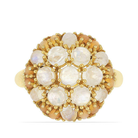 Goldplattierter Silberring mit Regenbogenmondstein aus Grant County und pfirsichfarbenem Mondstein