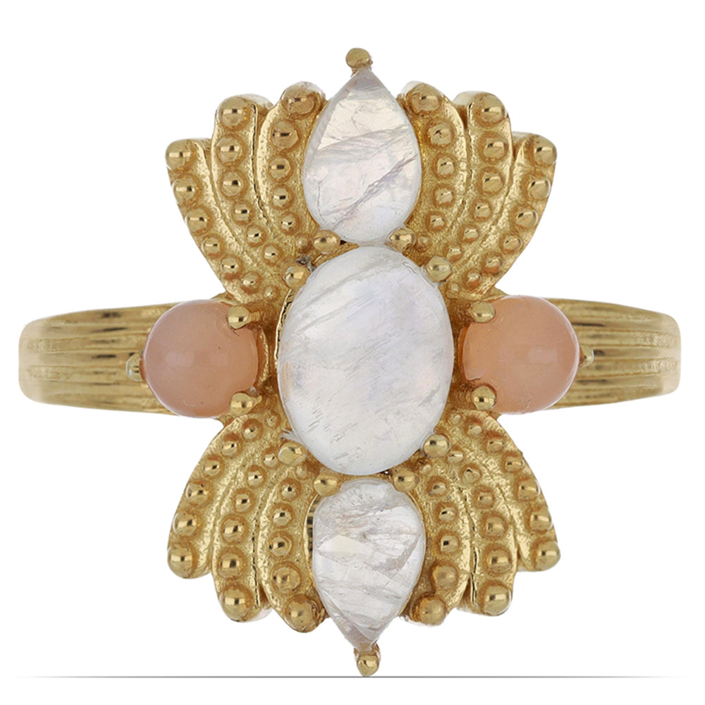 Goldplattierter Silberring mit Regenbogenmondstein aus Grant County und pfirsichfarbenem Mondstein 1 