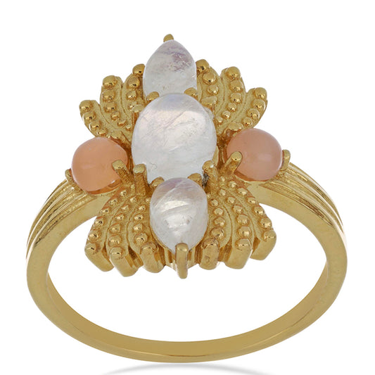 Goldplattierter Silberring mit Regenbogenmondstein aus Grant County und pfirsichfarbenem Mondstein