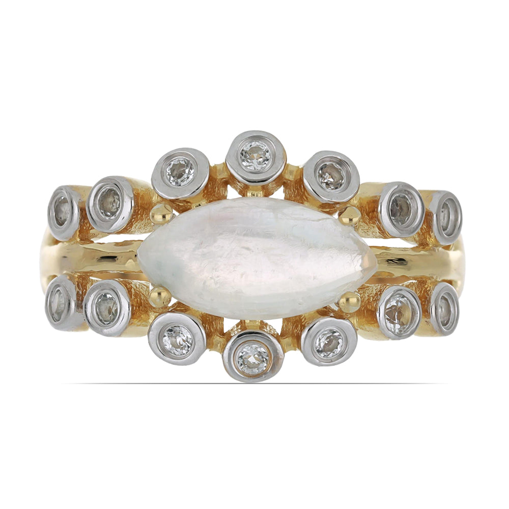 Goldplattierter Silberring mit Regenbogenmondstein aus Grant County und weißem Topas