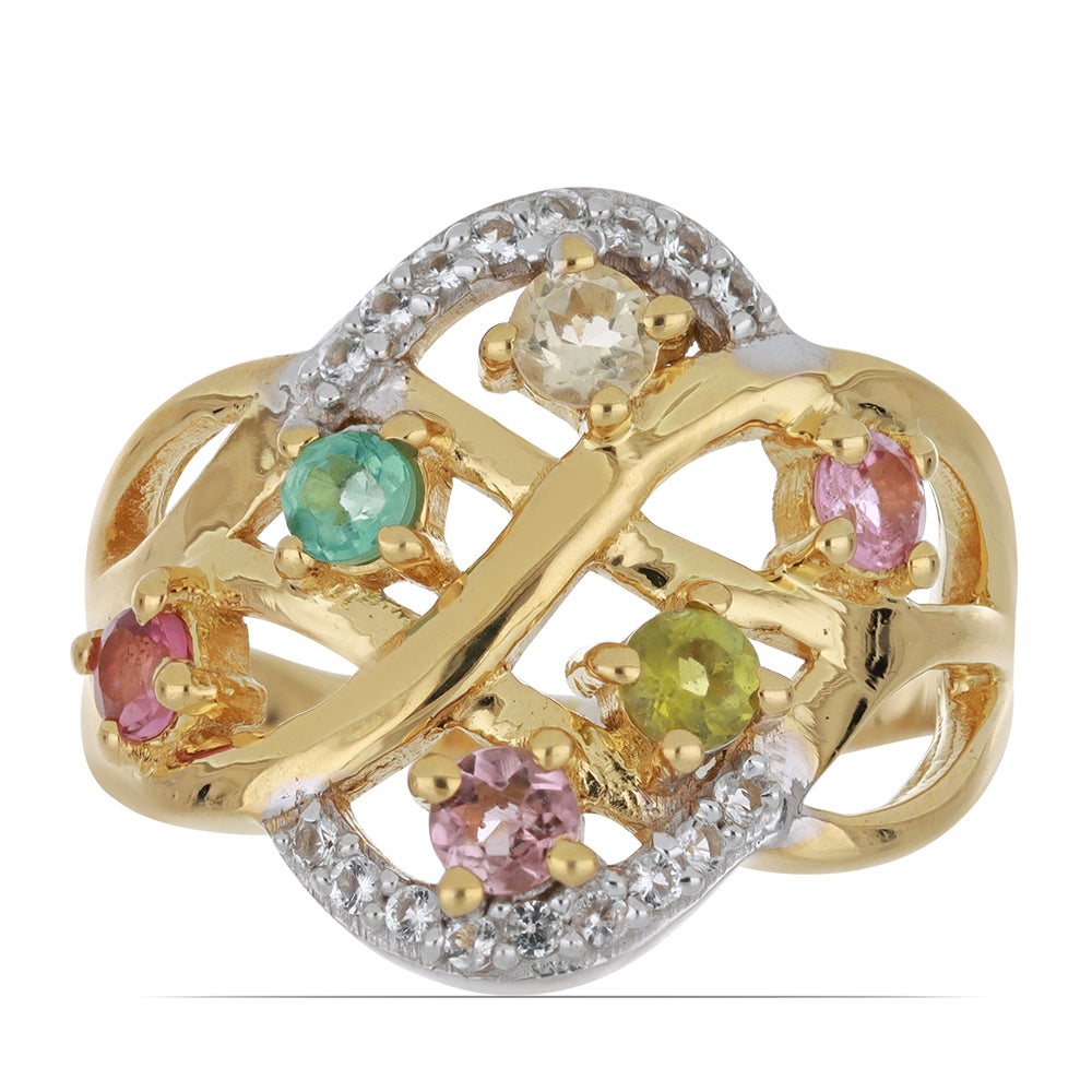 Goldplattierter Silberring mit regenbogenfarbenem Turmalin aus Pelmadulla und weißem Topas