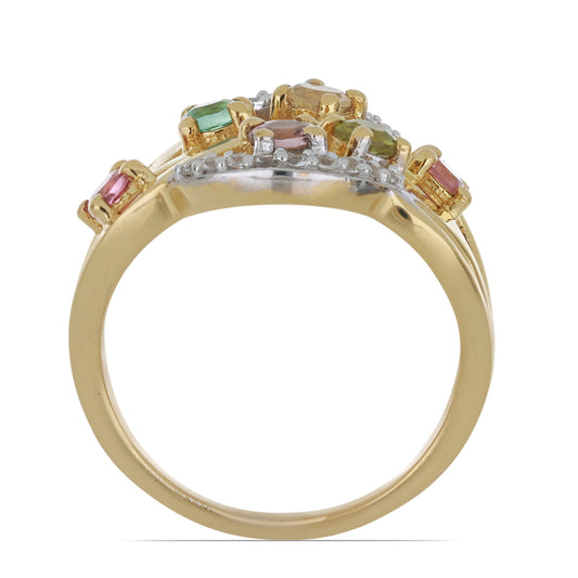 Goldplattierter Silberring mit regenbogenfarbenem Turmalin aus Pelmadulla und weißem Topas