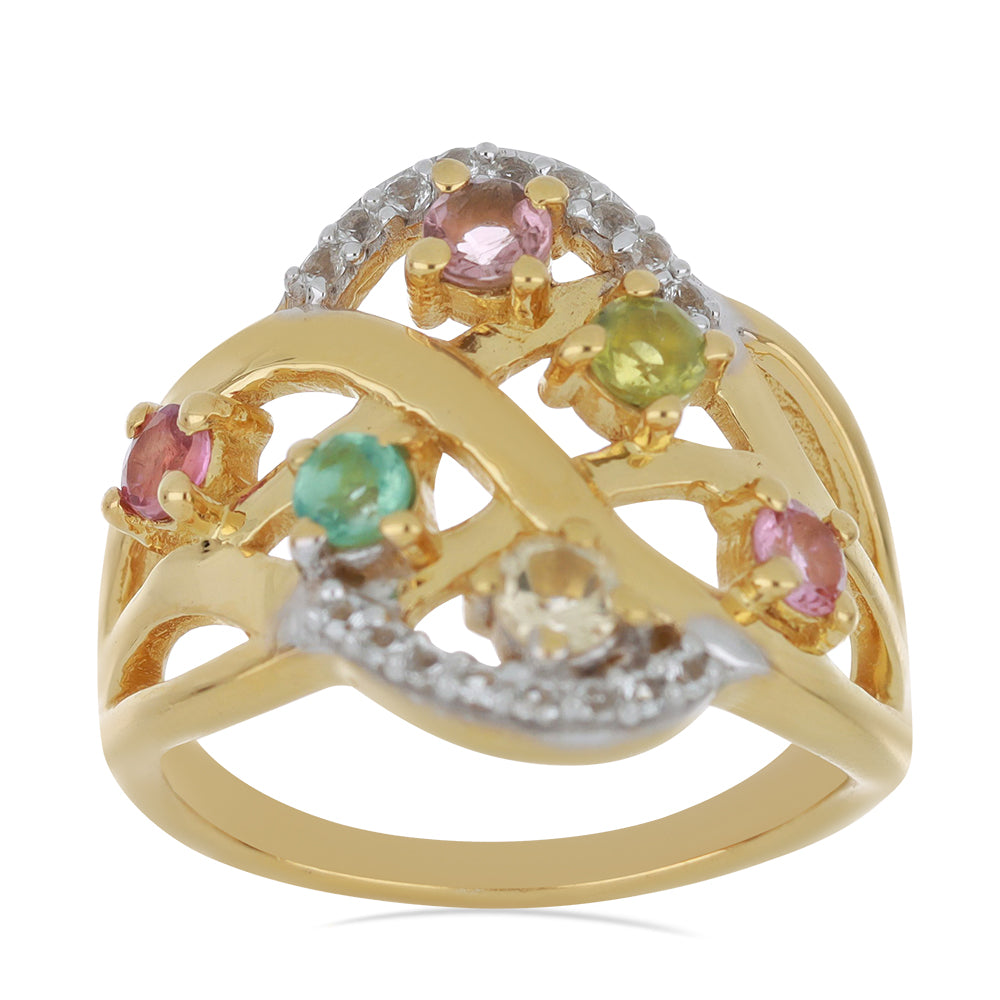 Goldplattierter Silberring mit regenbogenfarbenem Turmalin aus Pelmadulla und weißem Topas 4 