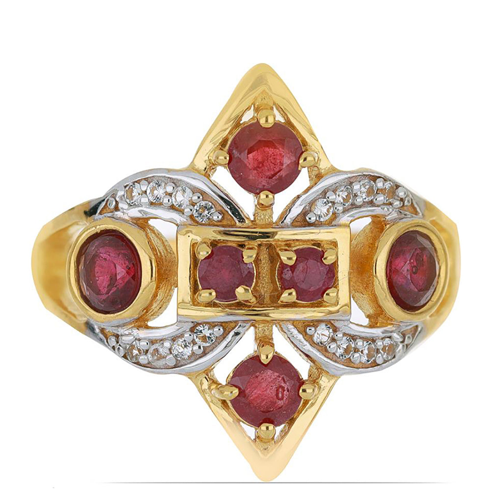 Goldplattierter Silberring mit Rubin aus Madagaskar und weißem Topas 1 