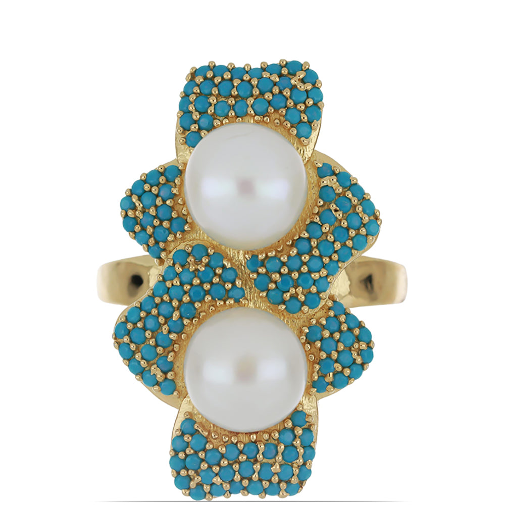 Goldplattierter Silberring mit Dornröschen Türkis und weißer Süßwasserperle 5 