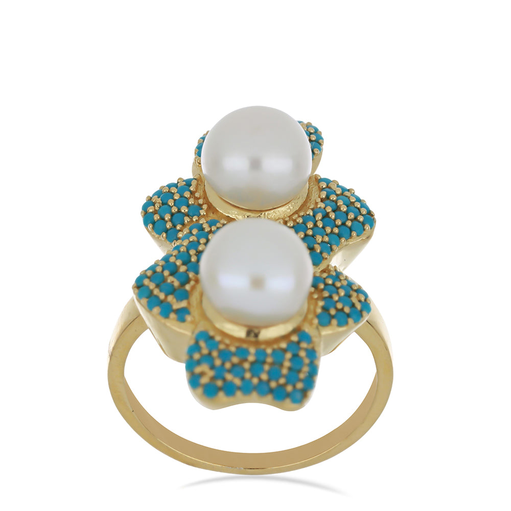 Goldplattierter Silberring mit Dornröschen Türkis und weißer Süßwasserperle