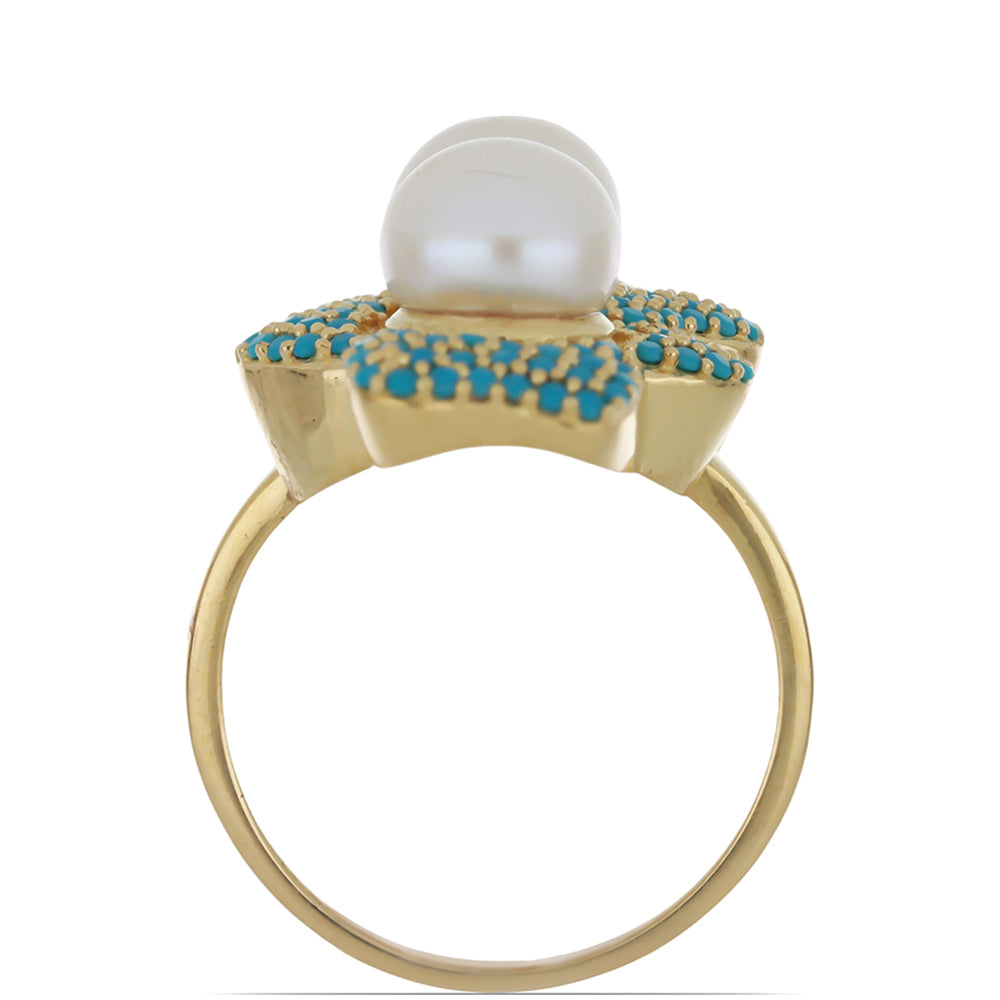 Goldplattierter Silberring mit Dornröschen Türkis und weißer Süßwasserperle
