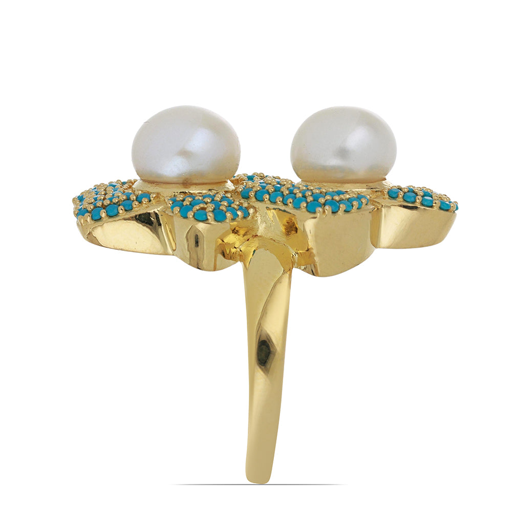 Goldplattierter Silberring mit Dornröschen Türkis und weißer Süßwasserperle