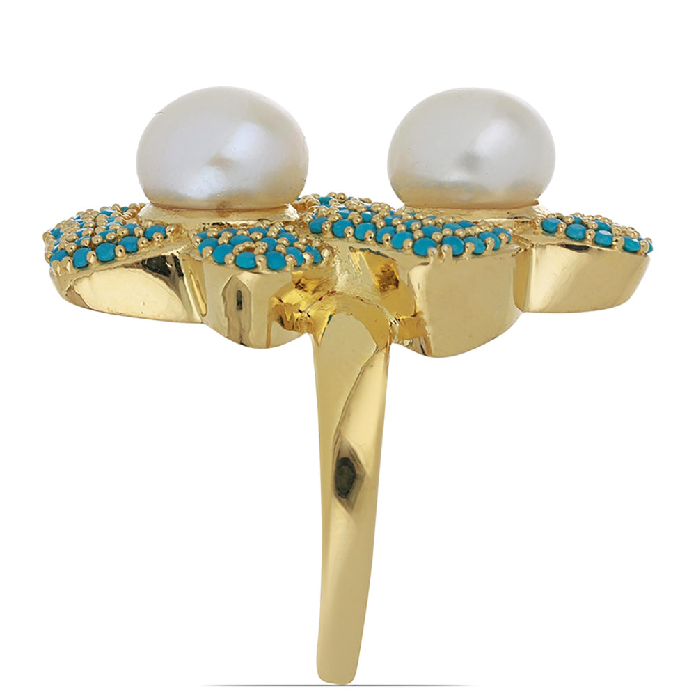 Goldplattierter Silberring mit Dornröschen Türkis und weißer Süßwasserperle 8 