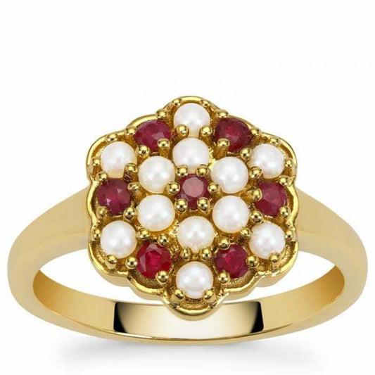 Goldplattierter Silberring mit Dornröschen Türkis und weißer Süßwasserperle