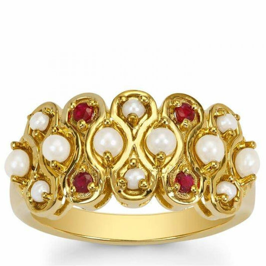 Goldplattierter Silberring mit Dornröschen Türkis und weißer Süßwasserperle