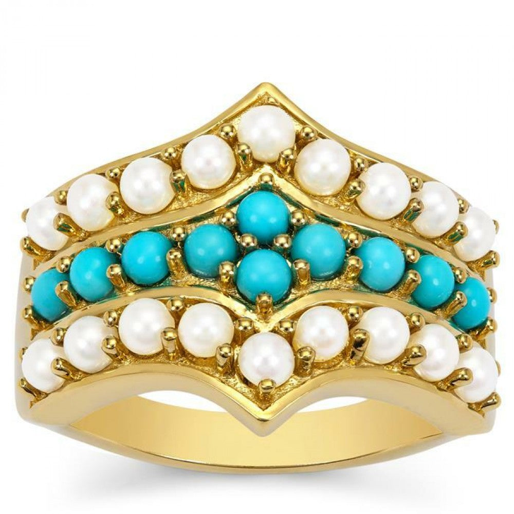 Goldplattierter Silberring mit Dornröschen Türkis und weißer Süßwasserperle 1 