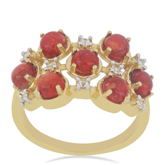 Goldplattierter Silberring mit roter Schwammkoralle und weißem Topas