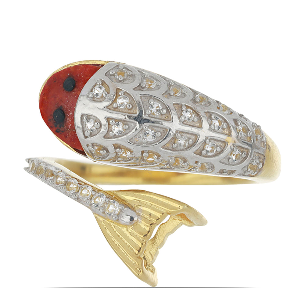 Goldplattierter Silberring mit roter Schwammkoralle und weißem Topas