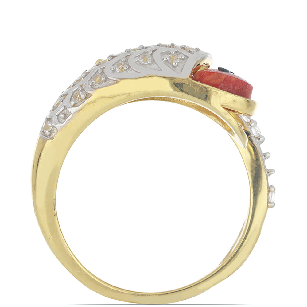 Goldplattierter Silberring mit roter Schwammkoralle und weißem Topas 4 