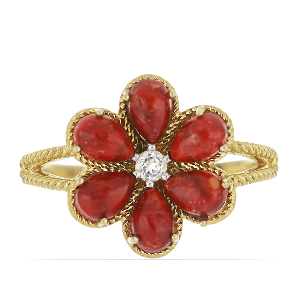 Goldplattierter Silberring mit roter Schwammkoralle und weißem Topas 1 