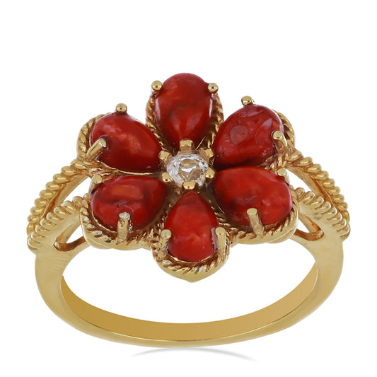 Goldplattierter Silberring mit roter Schwammkoralle und weißem Topas