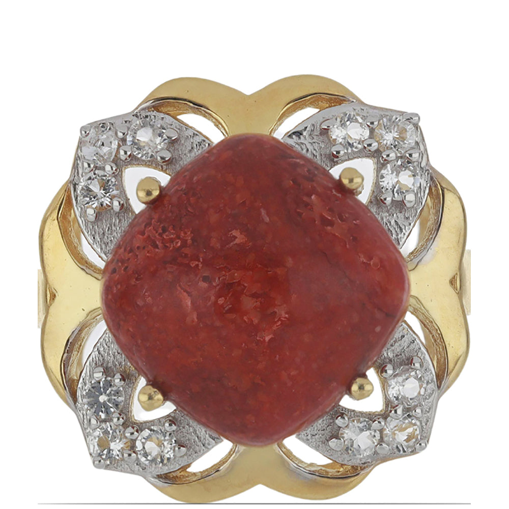 Goldplattierter Silberring mit roter Schwammkoralle und weißem Topas 1 