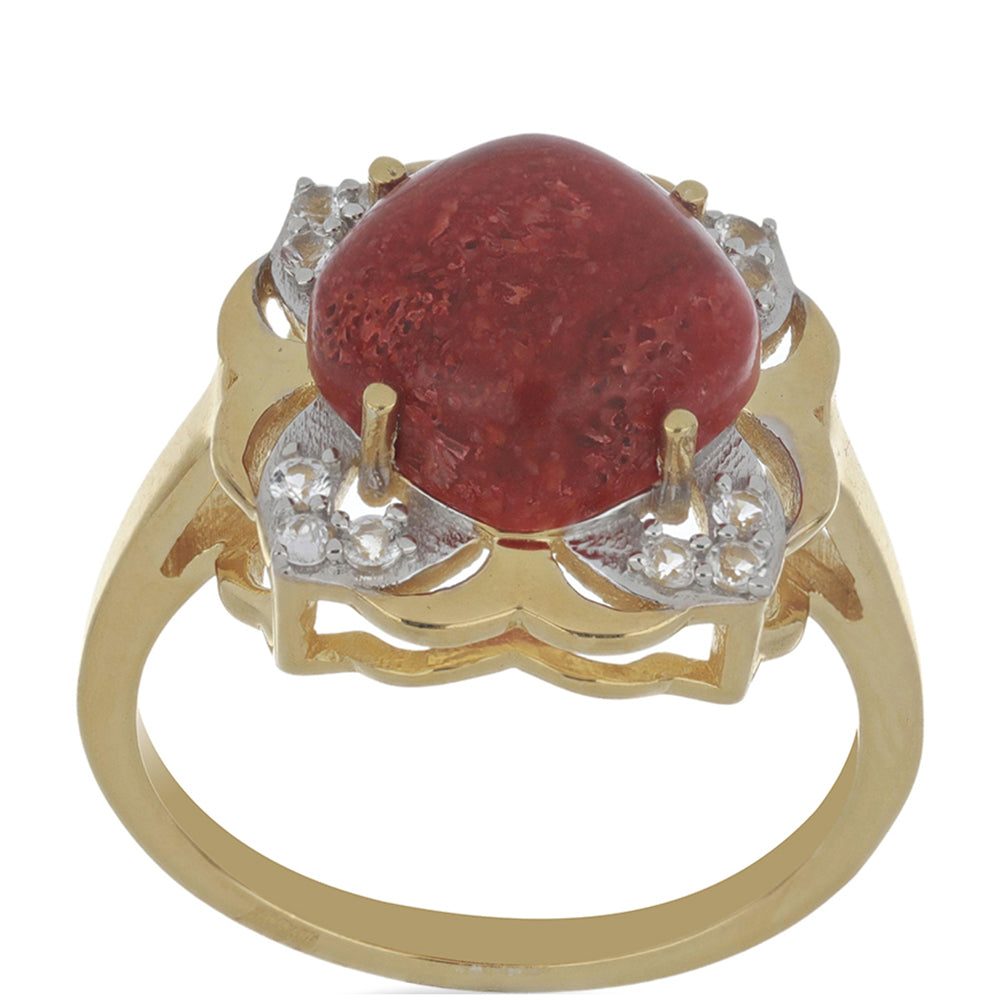 Goldplattierter Silberring mit roter Schwammkoralle und weißem Topas 4 