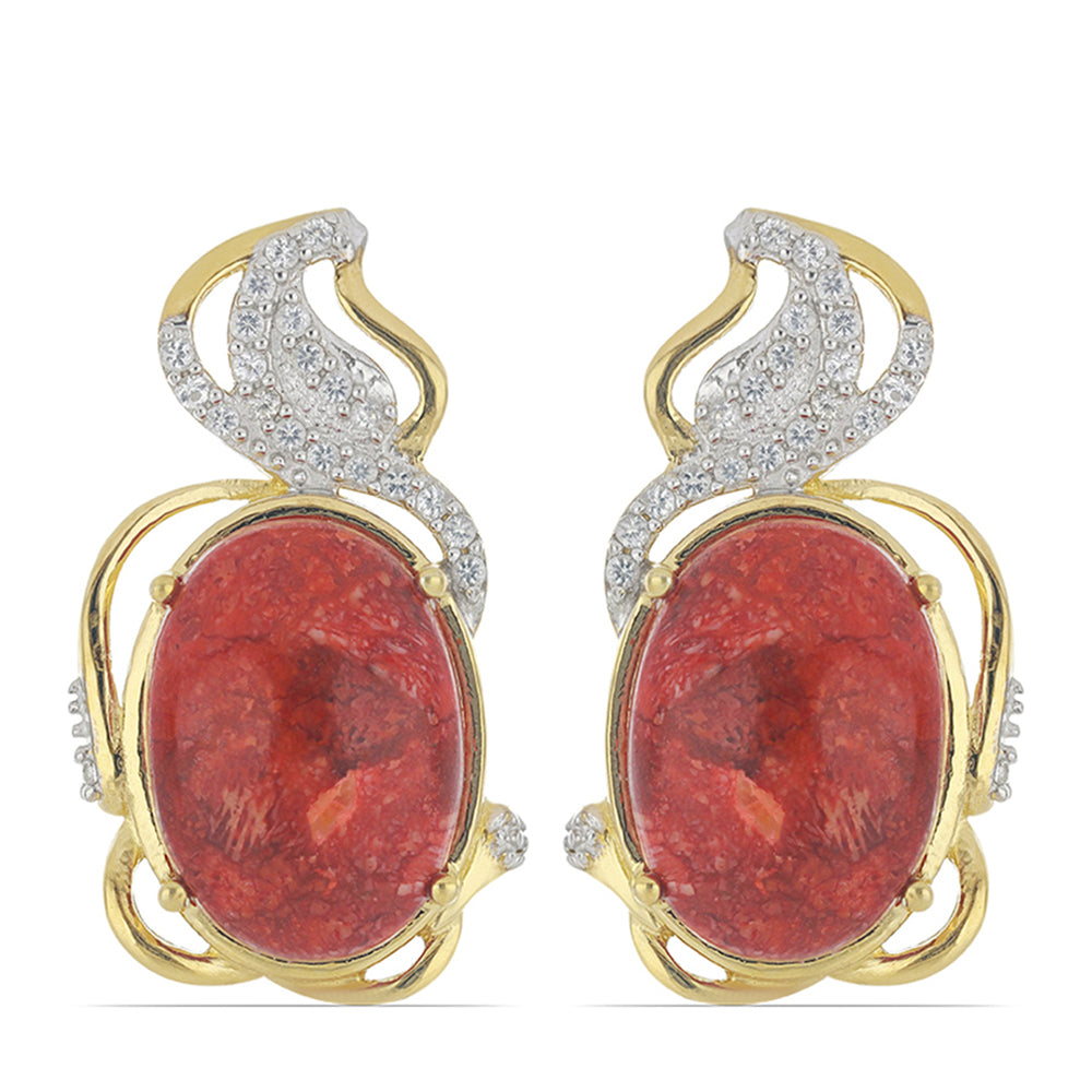 Goldplattierte Silberohrringe mit roter Schwammkoralle und weißem Topas 1 