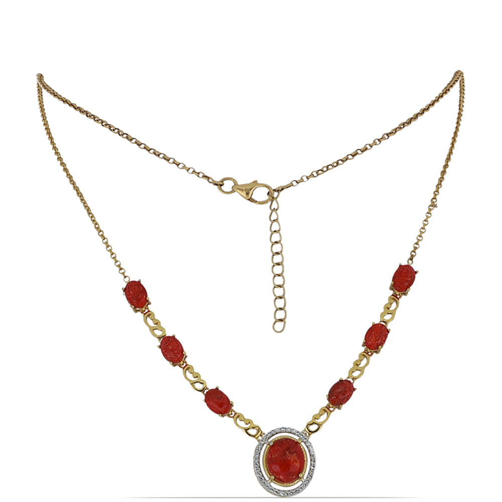 Goldplattierte Silberhalskette mit roter Schwammkoralle und weißem Topas