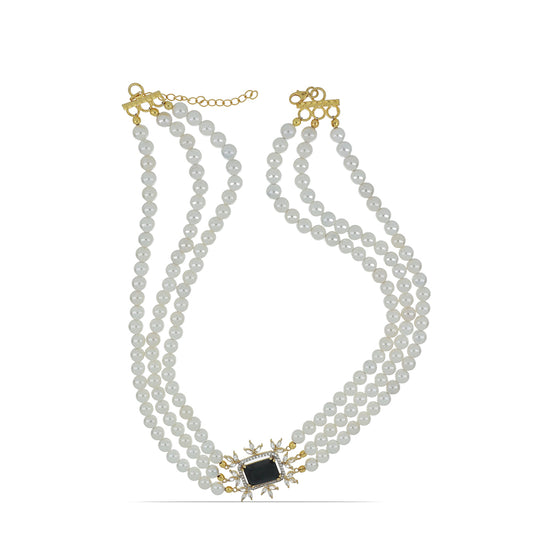 Goldplattierte Silberhalskette mit schwarzem Onyx aus Suwar und weißer Süßwasserperle
