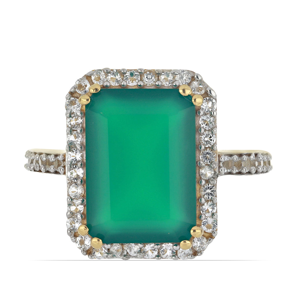 Goldplattierter Silberring mit grünem Achat und weißem Topas