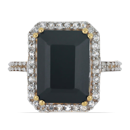 Goldplattierter Silberring mit schwarzem Onyx aus Suwar und weißem Topas