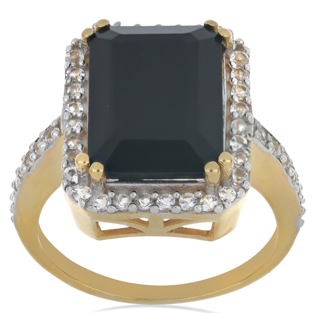 Goldplattierter Silberring mit schwarzem Onyx aus Suwar und weißem Topas