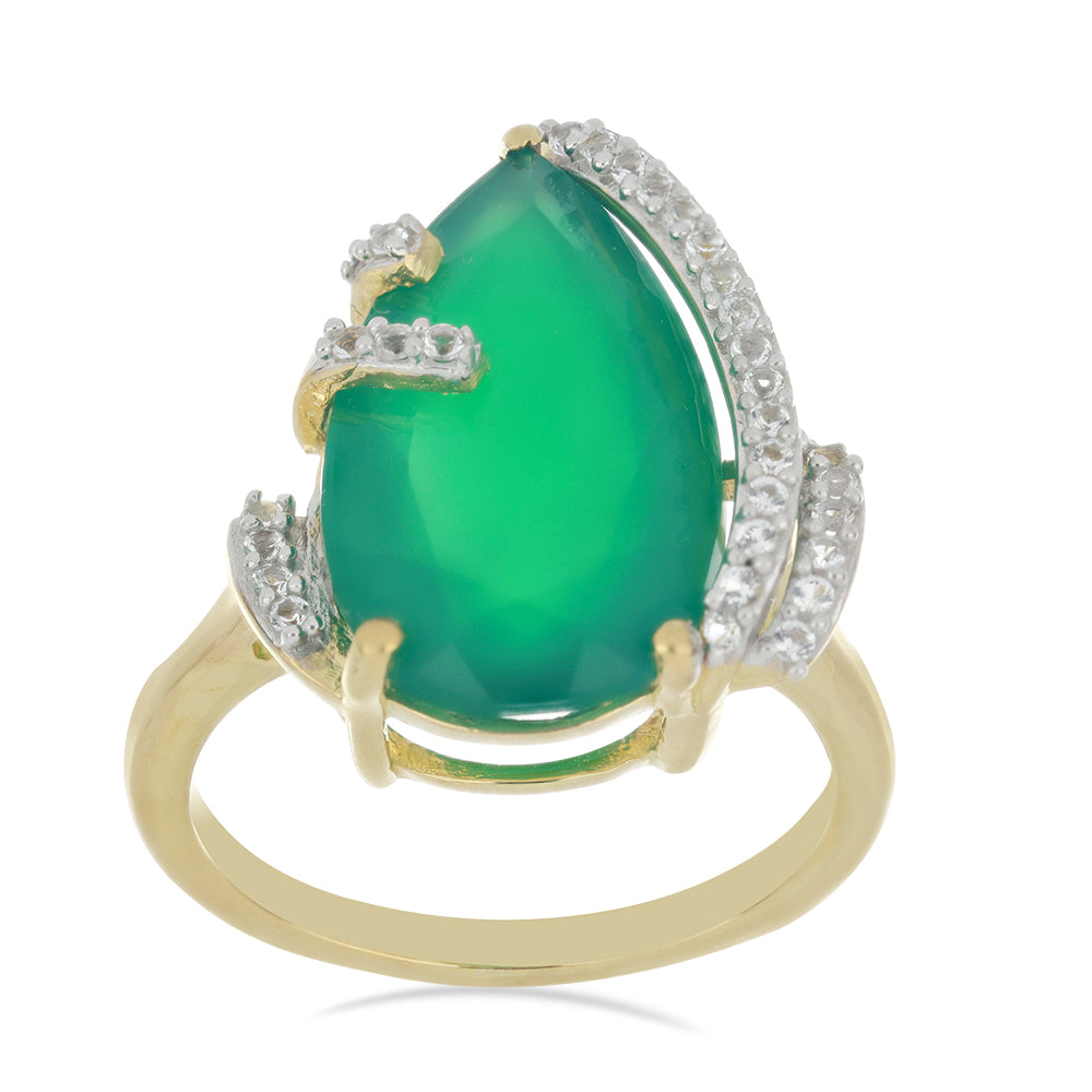 Goldplattierter Silberring mit grünem Achat und weißem Topas